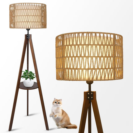Room & Decor Boho Tripod Floor Lamp with Rattan Shade & Foot Switch