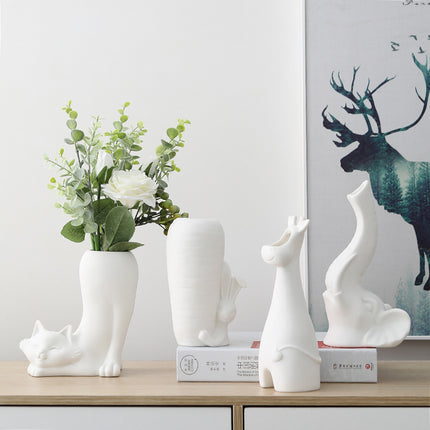 White Ceramic Animal Vases Set Giraffe Rabbit Cat Elephant Home Decor