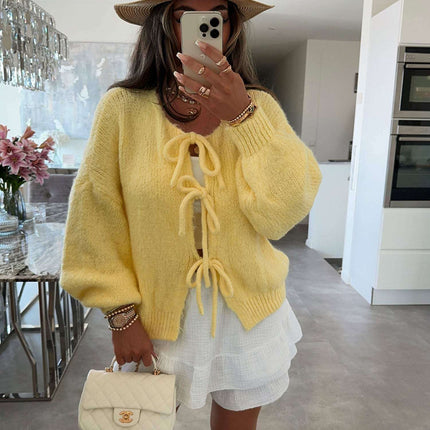 2024 Casual Knitted Bow Lace Up Cardigan Women Solid O-neck Short Sleeve Hollow Out Sweater Female Autumn Lady Solid Streetwear