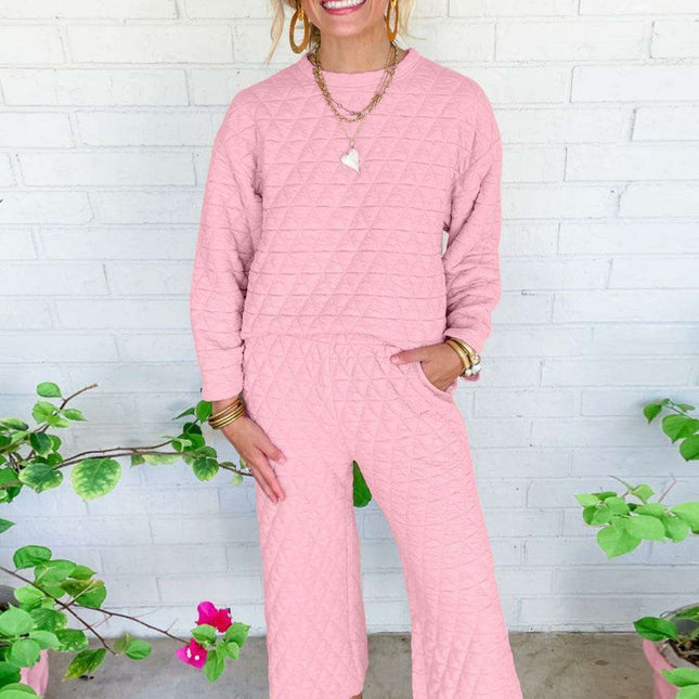 Chic Pink Quilted Lounge Pullover and Joggers Set - Effortless Style for Cozy Days