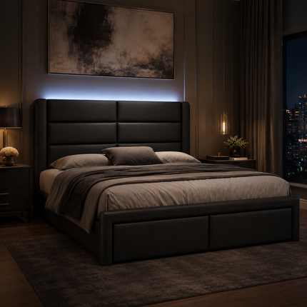 Queen Upholstered Bed Frame with LED Lighting & Faux Leather Headboard — No Box Spring Needed Platform Beds & Bed Frames queen-upholstered-bed-frame-with-led-lights-faux-leather-no-box-spring-needed-black Furniture > Bedroom Furniture > Beds & Bed Frames