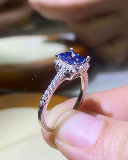 Stunning Lab Grown Sapphire & Blue Diamond Sterling Silver Ring Set - Modern Square Design