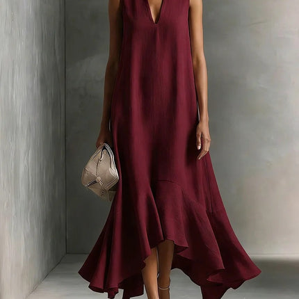 Elegant Deep V-Neck Sleeveless Asymmetrical Hemline Maxi Dress