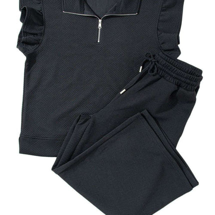 Chic Black Flutter Sleeve Top and Wide-Leg Trousers Ensemble