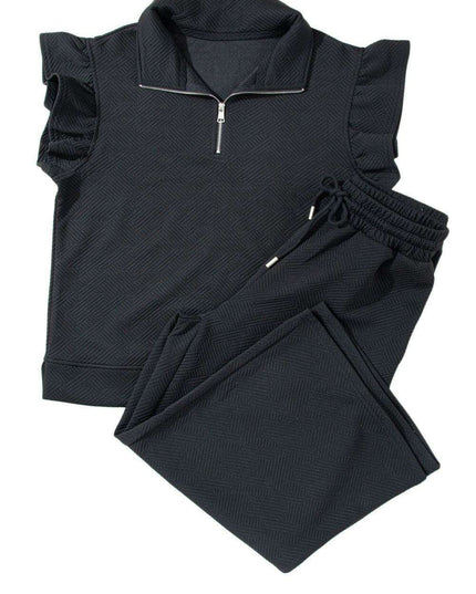 Chic Black Flutter Sleeve Top and Wide-Leg Trousers Ensemble