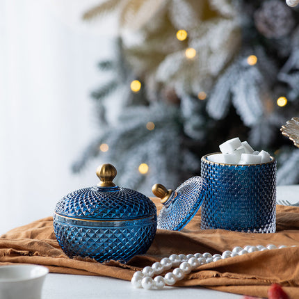 Room & Decor S2 Blue Gold Glass Candy Jar with Lid - Christmas Decor