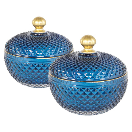 Room & Decor S2 Blue Gold Glass Candy Jar with Lid - Christmas Decor