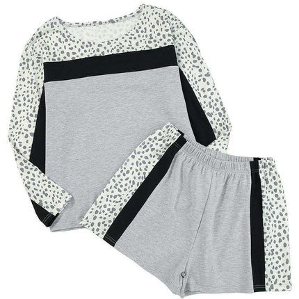 Chic Leopard Print Colorblock Lounge Set - Cozy Pullover and Shorts Ensemble