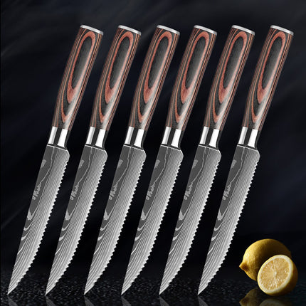 Damascus Pattern Western-Style 6-Piece Steak Knife Set — Serrated Stainless Steel Blades