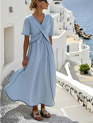 Peekaboo Studio Women's Boho Striped V Neck Pleated A-Line Dress