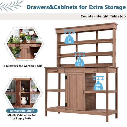Room & Decor 66" Outdoor Farmhouse Wooden Potting Bench with Drawers &
