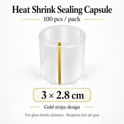 Heat Shrink Sealing Capsules for Glass Bottles — 100pcs, Gold Stripe, 12 Sizes