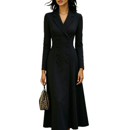 Women's Elegant Double-Breasted Long Dress — Cinched Waist & Flared Skirt