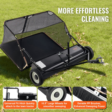 VEVOR 52-Inch Tow-Behind Lawn Sweeper - 26 Cu.ft Capacity, Adjustable