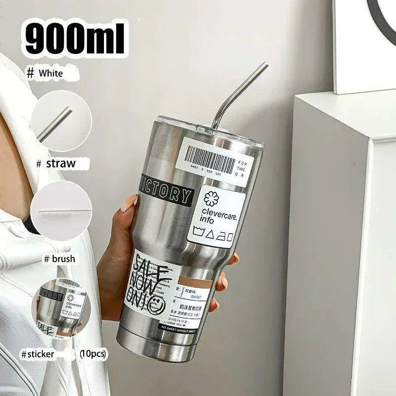 900ML Double-Wall Insulated Steel Travel Mug with Straw and Lid - Perfect for Adventurers and Daily Hydration - Très Elite