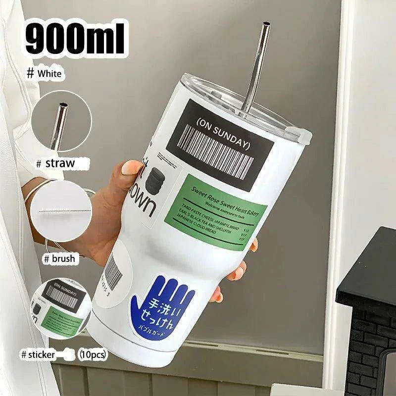 900ML Double-Wall Insulated Steel Travel Mug with Straw and Lid - Perfect for Adventurers and Daily Hydration - Très Elite