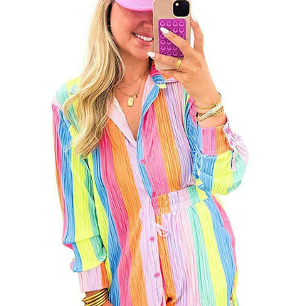 Colorful Crinkle Shirt and Shorts Ensemble with Playful Rainbow Stripes