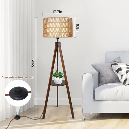 Room & Decor Boho Tripod Floor Lamp with Rattan Shade & Foot Switch