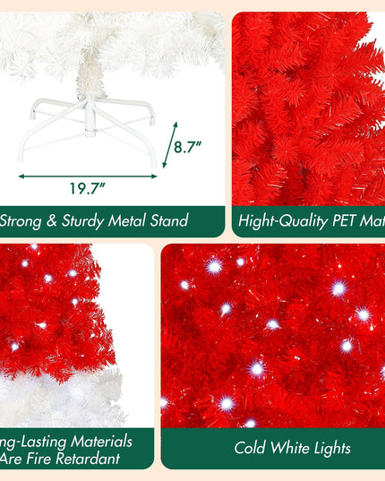 6FT Artificial Christmas Tree With LED Light, Santa's Hat Shape Artificial Whimsical Xmas Tree With 1050 Tip, Curved Xmax Tree