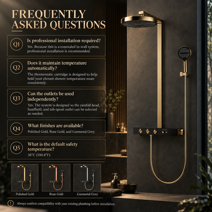 Luxury Concealed Thermostatic Shower System Set with Brass Rainfall Head & Gold Finish