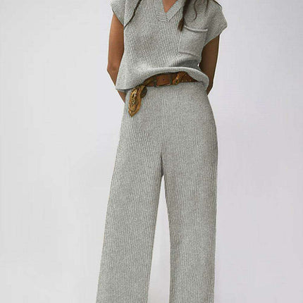 Elegant Knit V Neck Sweater and Flowing Trousers Ensemble