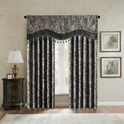 Room & Decor Jacquard Rod Pocket Valance with Beads, Black 50x18
