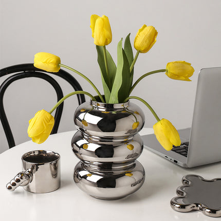 Donut Shaped Ceramic Vase Silver Plated Mirror Finish Elegant Home Decor
