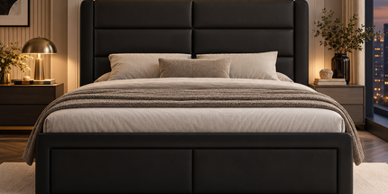 Queen Upholstered Bed Frame with LED Lighting & Faux Leather Headboard — No Box Spring Needed Platform Beds & Bed Frames queen-upholstered-bed-frame-with-led-lights-faux-leather-no-box-spring-needed-black Furniture > Bedroom Furniture > Beds & Bed Frames