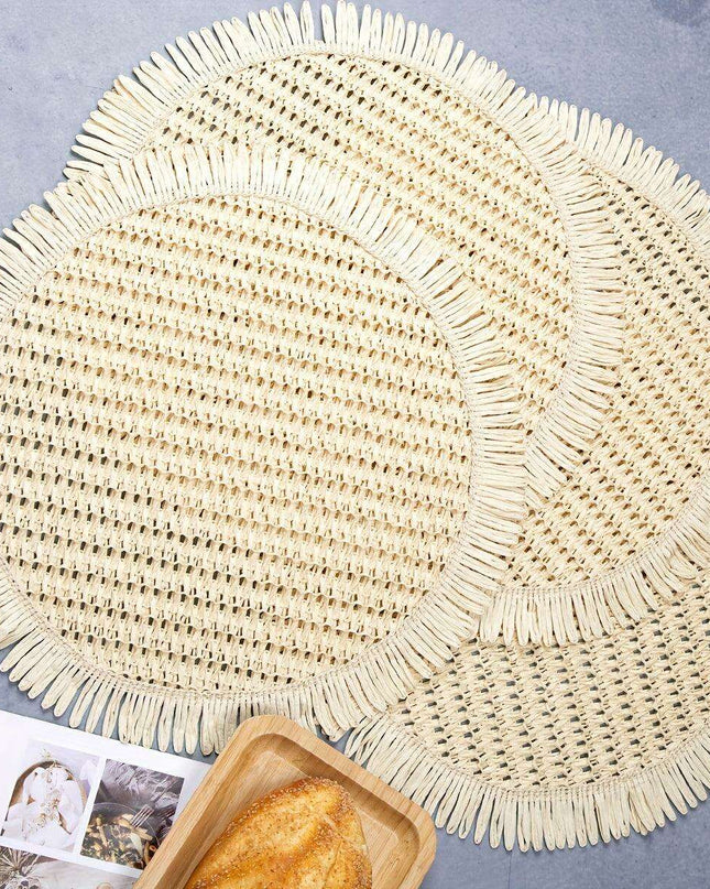 Set of 4 Rustic Bohemian Jute Round Placemats with Fringe for Stylish Dining Decor