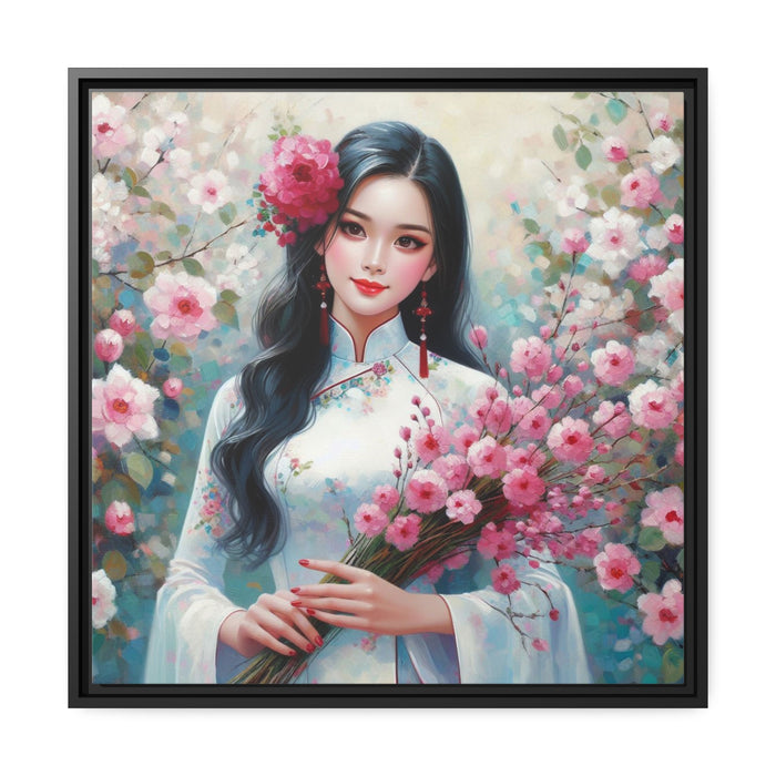 Sophisticated Ao Dai Girl Matte Canvas Print in Black Pinewood Frame
