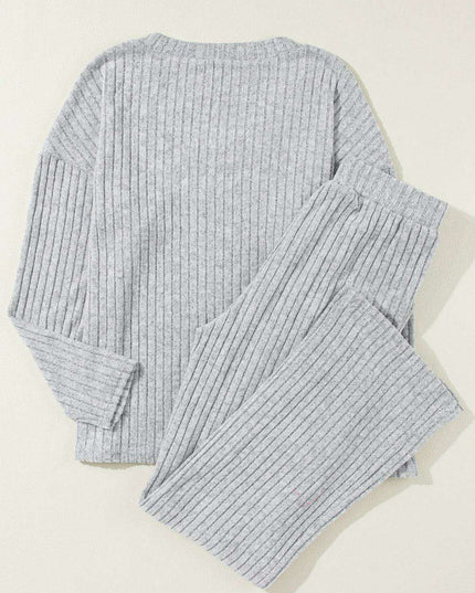 Cozy Light Grey V-Neck Ribbed Knit Lounge Set for Stylish Relaxation