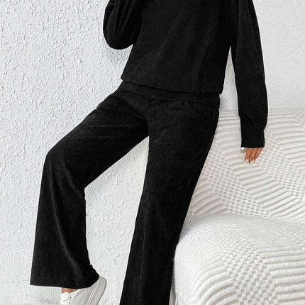Elegant Black Corduroy High Neck Twin Set with Flared Trousers