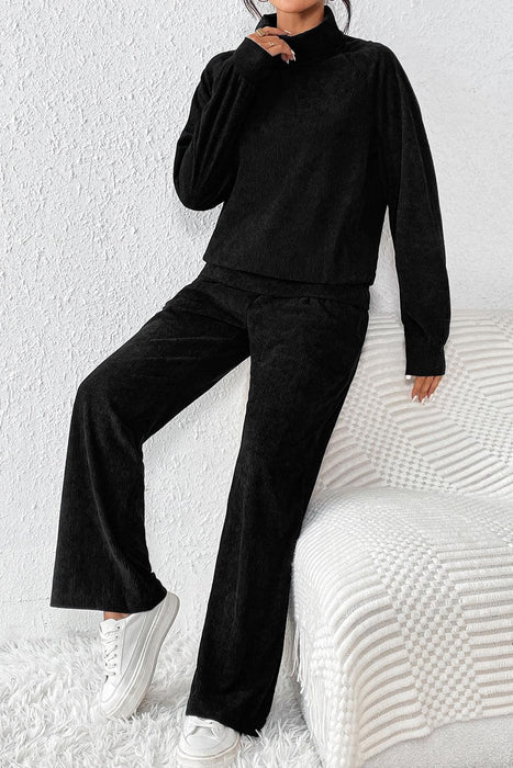 Black Solid Color Corduroy High Neck Top and Pants Two Piece Set