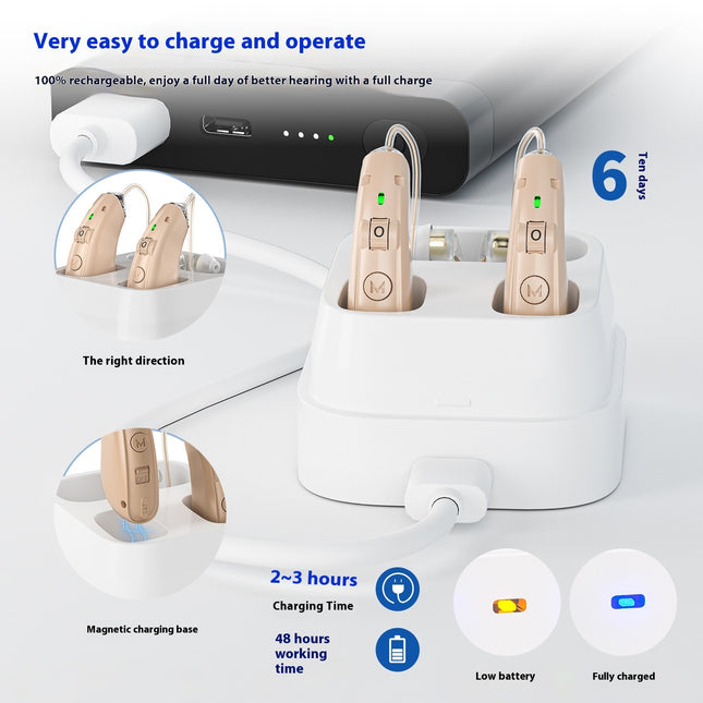 Intelligent Noise Reduction Hearing Aid — 12hr, USB, Silver & Skin Tone | Très Elite