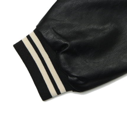 Black Letter-Embroidered Varsity Jacket with Glossy Sleeves