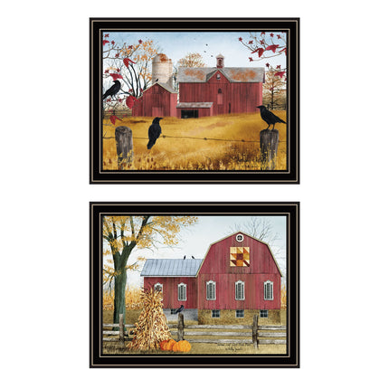 Billy Jacobs 2-Piece Autumn Red Barns Wall Art Set, Black Framed Decor