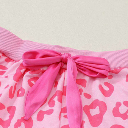 Chic Satin Pink Leopard Print Pajama Set with Bow and Shorts for Ultimate Comfort