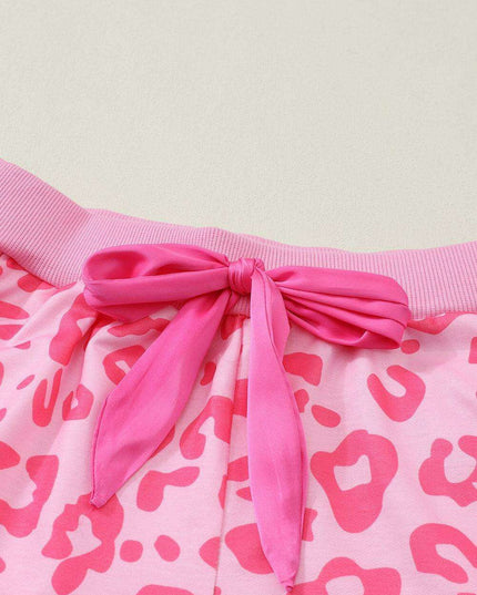 Chic Satin Pink Leopard Print Pajama Set with Bow and Shorts for Ultimate Comfort