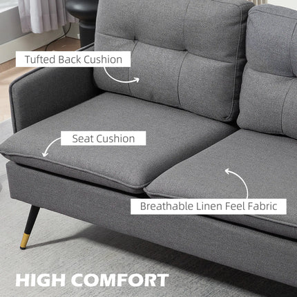 Dark Grey Button-Tufted Loveseat with Black and Gold Steel Legs, 139 cm