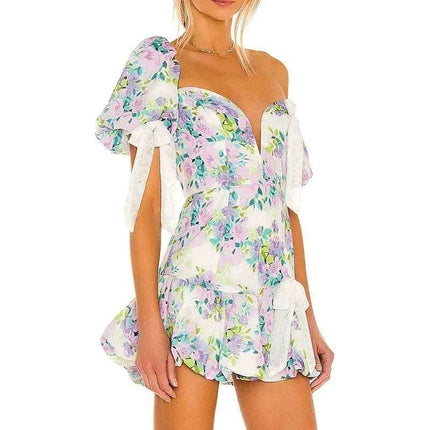 Eclectic Elegance: Lace-Trim Asymmetrical Puff Sleeve Boho Dress