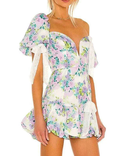 Eclectic Elegance: Lace-Trim Asymmetrical Puff Sleeve Boho Dress