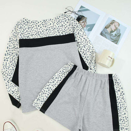 Chic Leopard Print Colorblock Lounge Set - Cozy Pullover and Shorts Ensemble