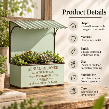House-Shaped Metal Planter Box — French-Design Text Roof, Vintage Distressed Finish