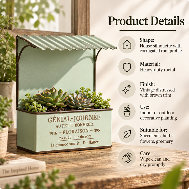 House-Shaped Metal Planter Box — French-Design Text Roof, Vintage Distressed Finish