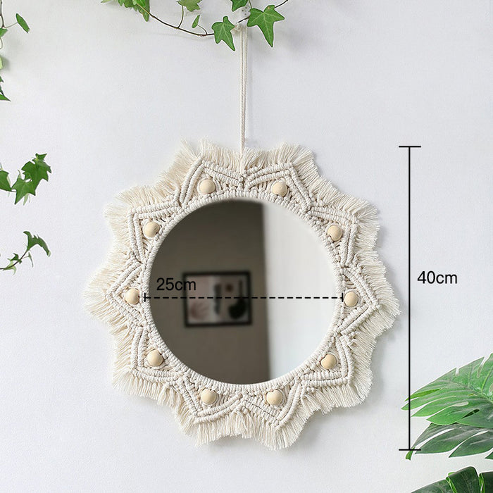 Nordic Charm Handwoven Cotton Mirror Tapestry with Wood Bead Detailing