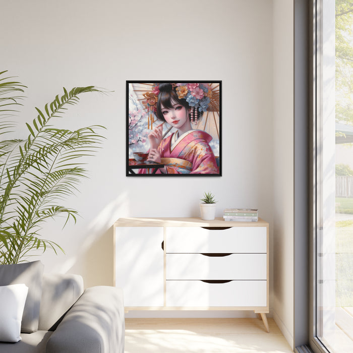 Elegant Kimono Lady Matte Canvas Artwork in Black Pinewood Frame