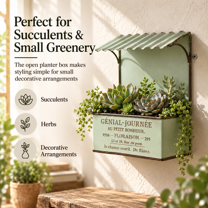 House-Shaped Metal Planter Box — French-Design Text Roof, Vintage Distressed Finish