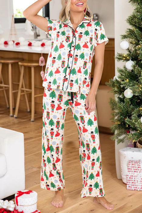 Cozy Christmas Print Button-Up Pajama Set
