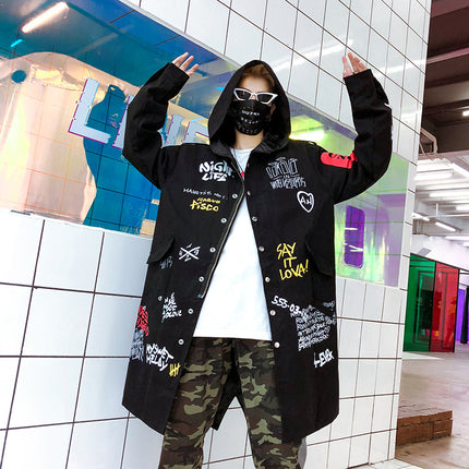 Black Hooded Graffiti-Print Long Coat
