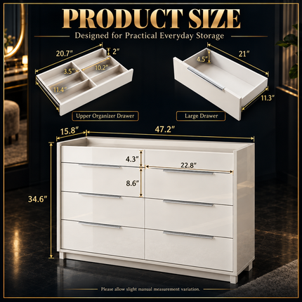 47.2" 8 Drawer Dresser with LED Light, Modern High Gloss Chest of Draw Dressers 47-2-8-drawer-dresser-with-led-light-modern-high-gloss-chest-of-drawers-with-glass-tabletop-2-six-grid-jewelry-drawers-for